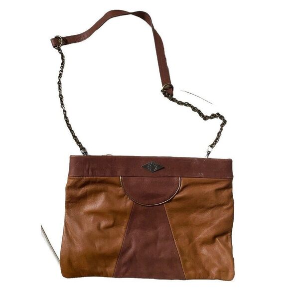Mohekann Purse Shoulder Bag Brown Beige Leather Chainlink